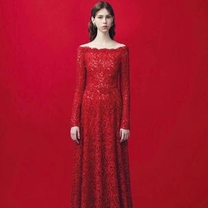 Red Off-The-Shoulder Floral Lace Valentino Gown
